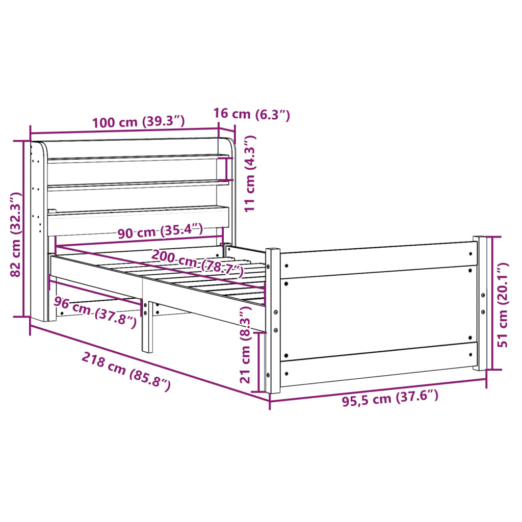 Okvir kreveta s uzglavljem 90 x 200 cm od masivne borovine