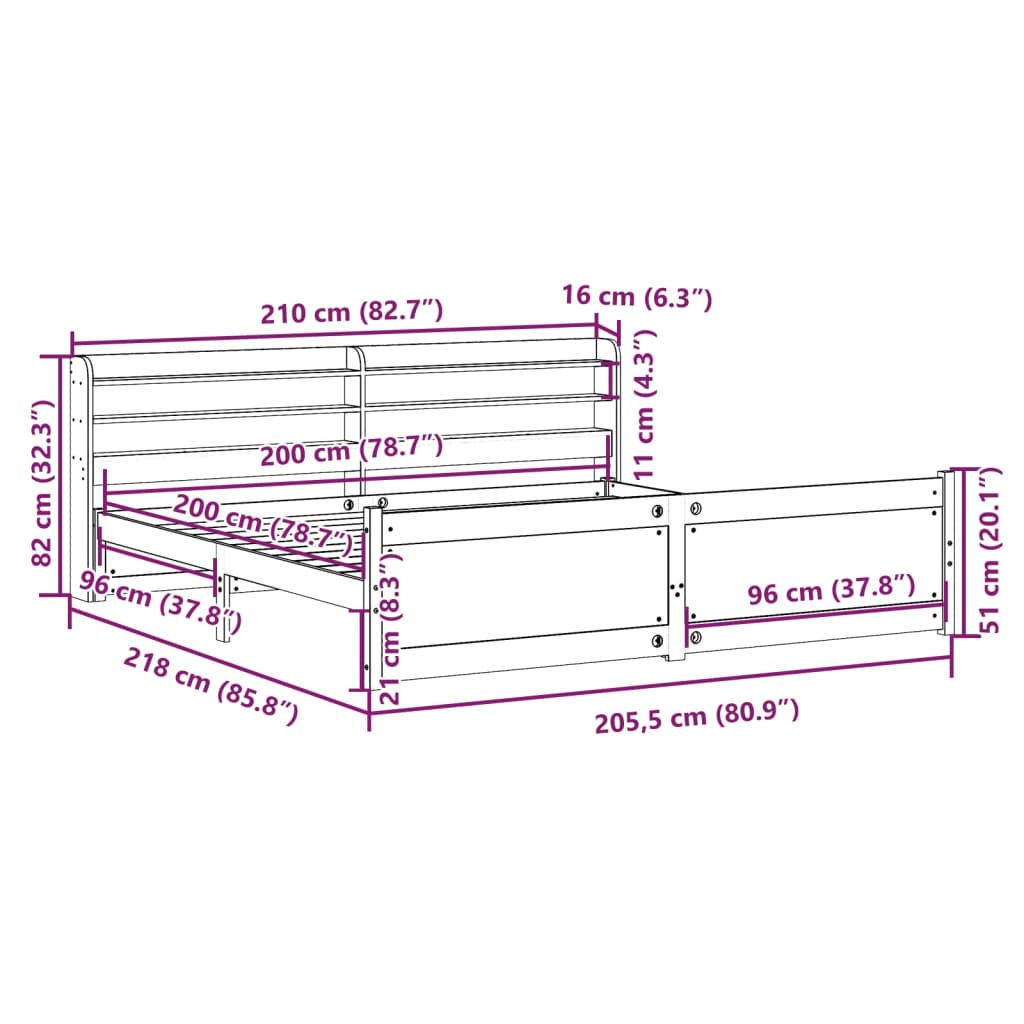 Okvir kreveta s uzglavljem 200 x 200 cm od masivne borovine