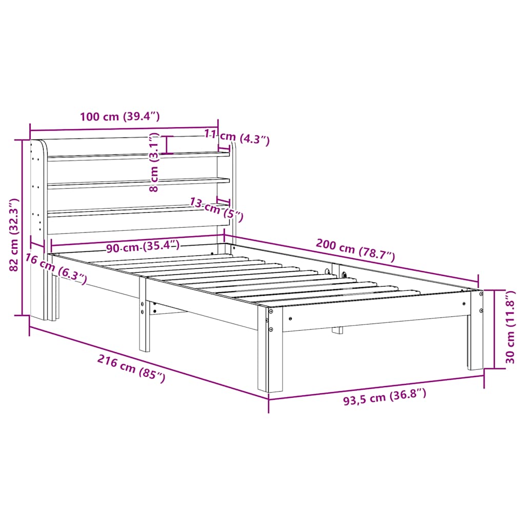 Okvir kreveta s uzglavljem 90 x 200 cm od masivne borovine