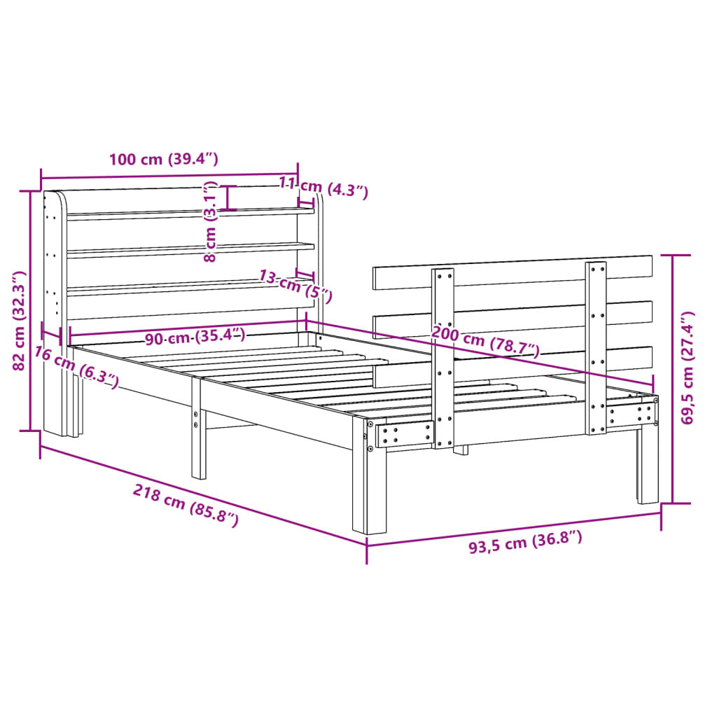 Okvir kreveta s uzglavljem 90 x 200 cm od masivne borovine
