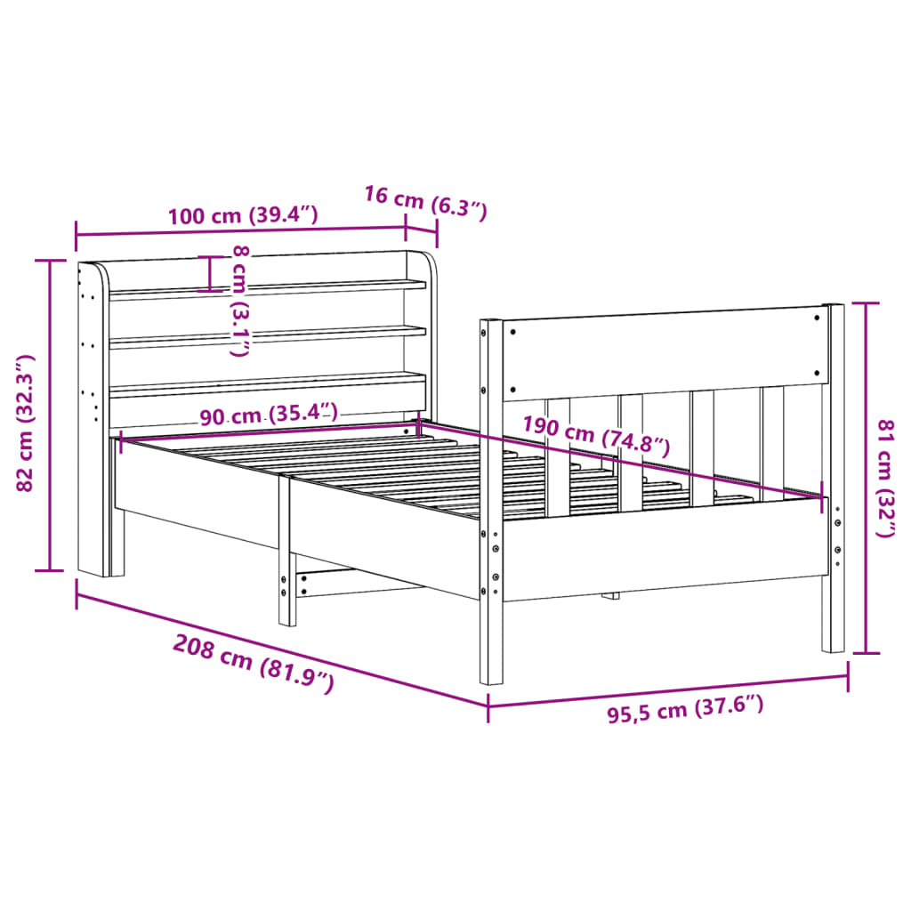 Okvir kreveta bez madraca 90 x 190 cm od masivne borovine