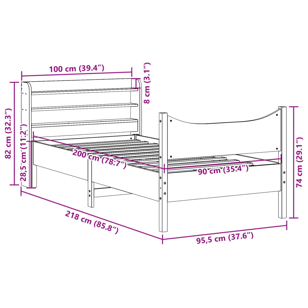 Okvir kreveta s uzglavljem 90 x 200 cm od masivne borovine