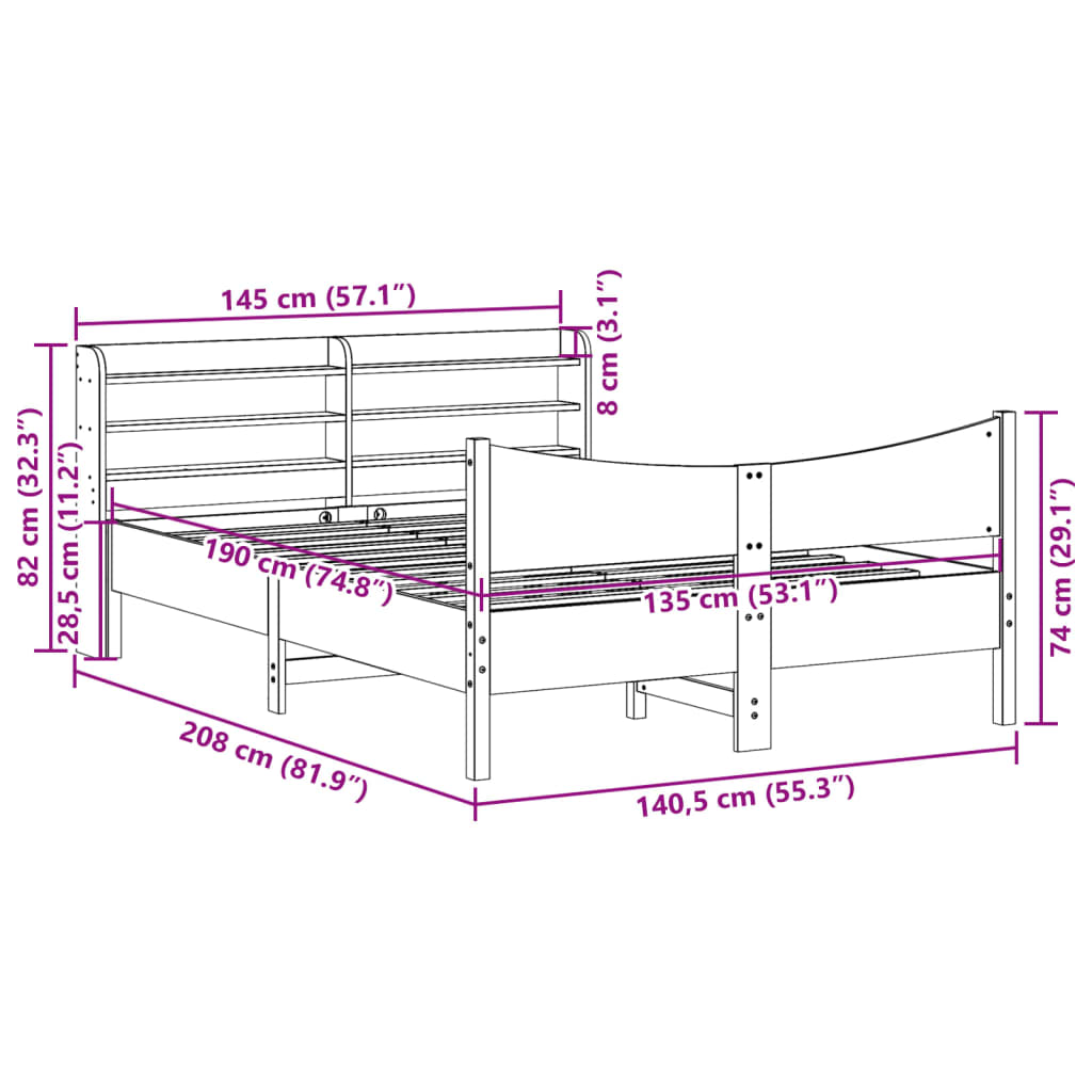 Okvir za krevet s uzglavljem 135 x 190 cm od masivne borovine