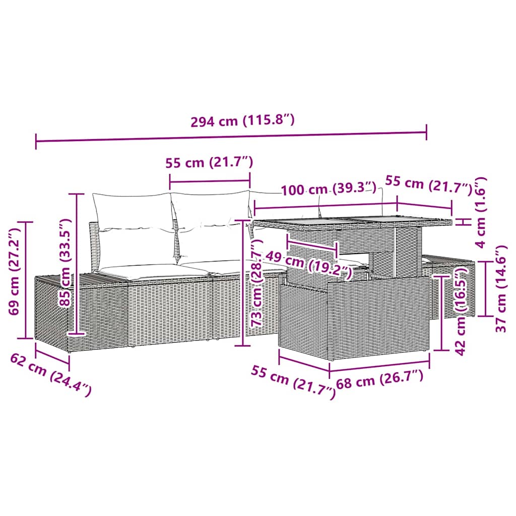Vrtni set za objed s jastukom 5 pcs Bež i siva