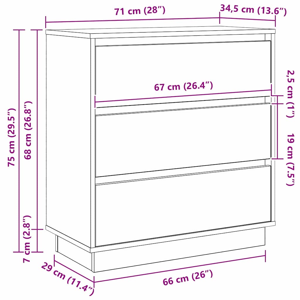 Noćni ormar s ladicama Umjetnički hrast 71 x 34,5 x 75 cm
