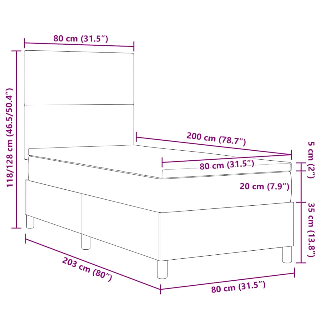 Krevet s opruga kutije Tamno siva i bijela 80 x 200 cm