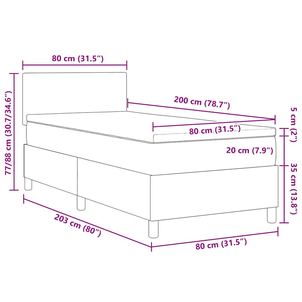 LED Box Spring Krevet Tamno siva i bijela 80 x 200 cm