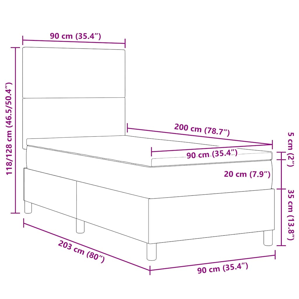LED Box Spring Krevet Svijetlo siva i bijela. 90 x 200 cm