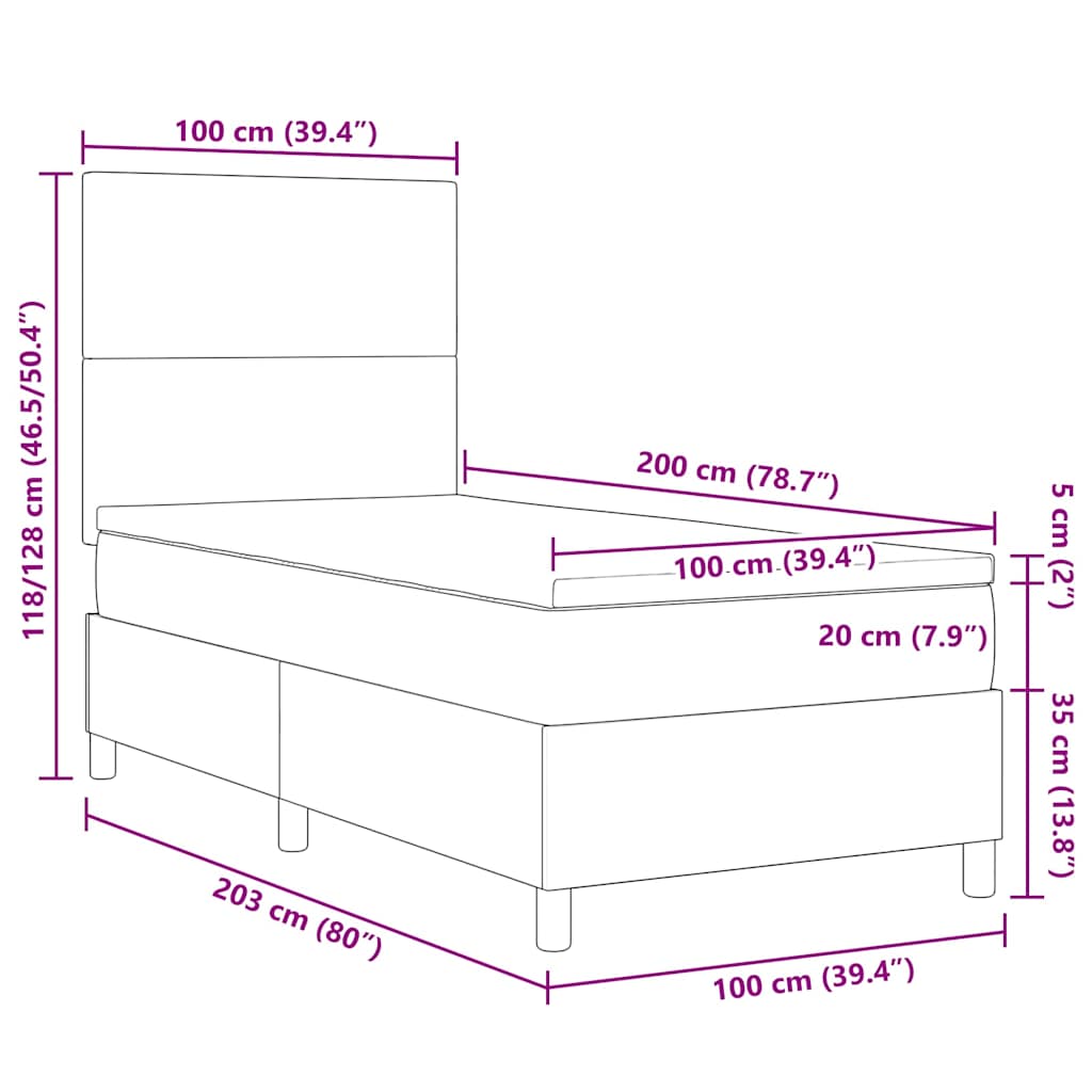 LED Box Spring Krevet Svijetlo siva i bijela. 100 x 200 cm