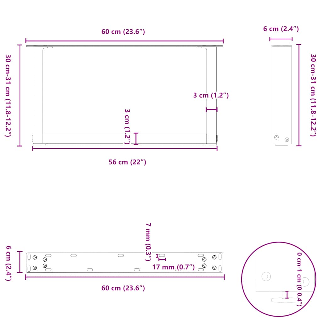 Noge za klub stolić U-oblik 2 kom Bijele 60 x (30-31) cm Čelik