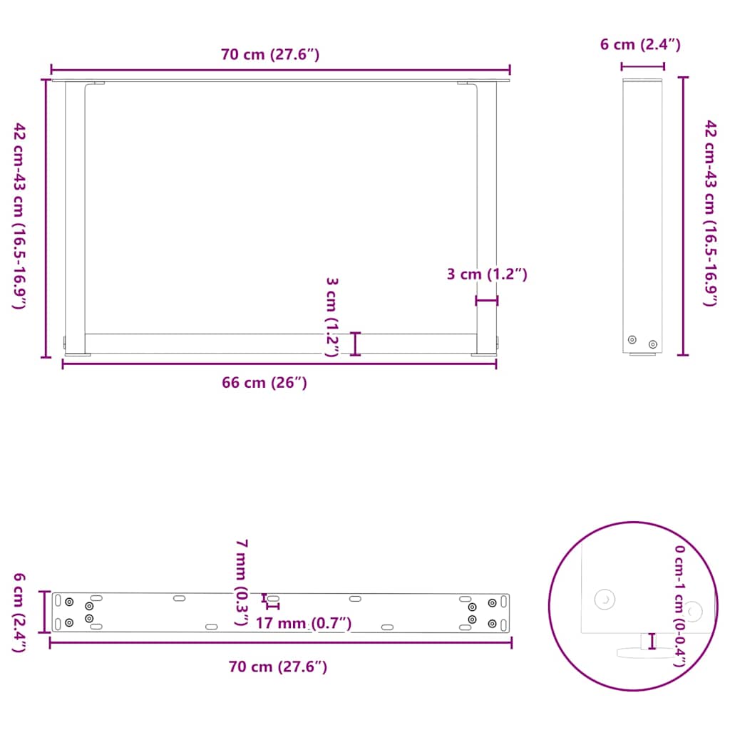 Noge za klub stolić U-oblik 2 kom Bijele 70 x (42-43) cm Čelik