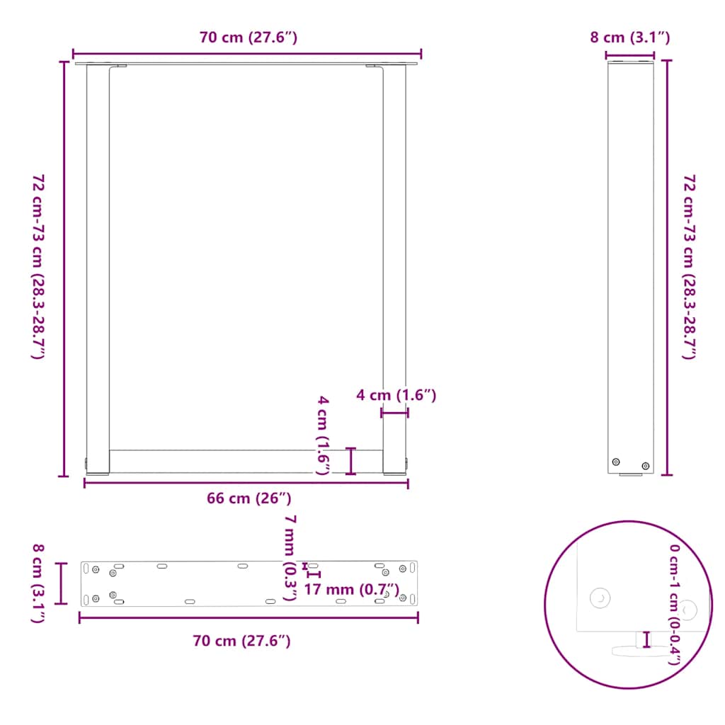 Noge za blagovaonski stol U-oblik 2 kom Bijele 70 x (72-73) cm Čelik