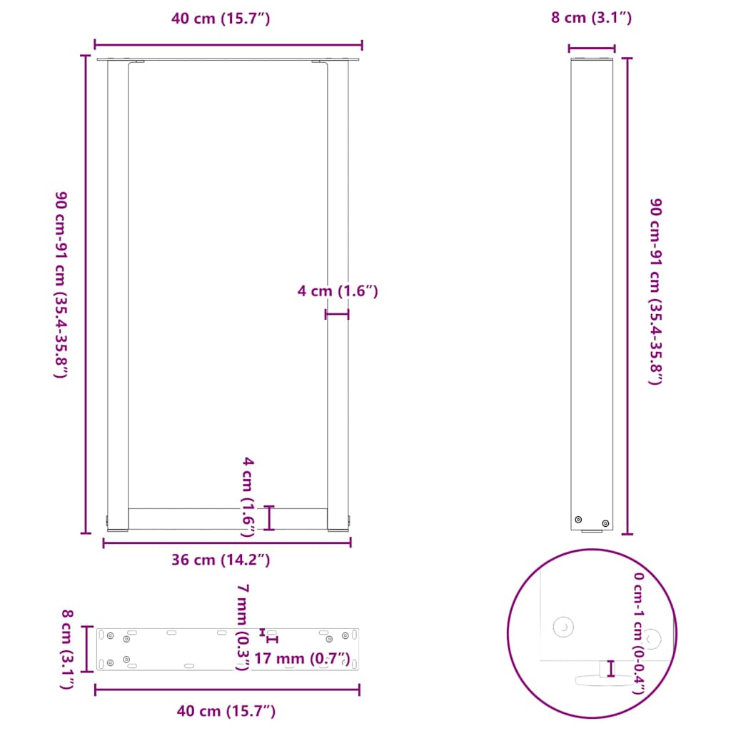 Noge za barski stol U-oblika 2 kom Crne 40 x (90-91) cm Čelik