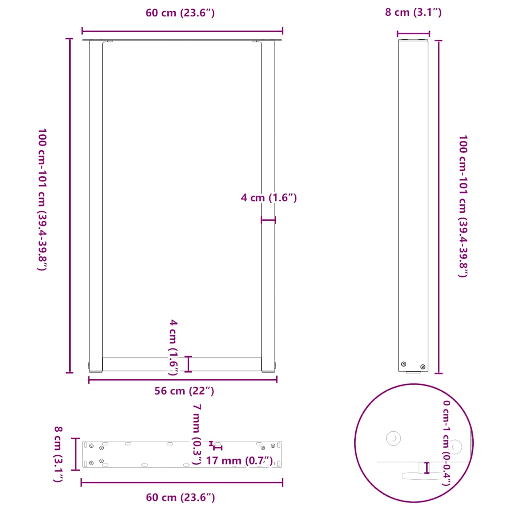 Noge za barski stol U-oblika 2 kom Crne 60 x (100-101) cm Čelik