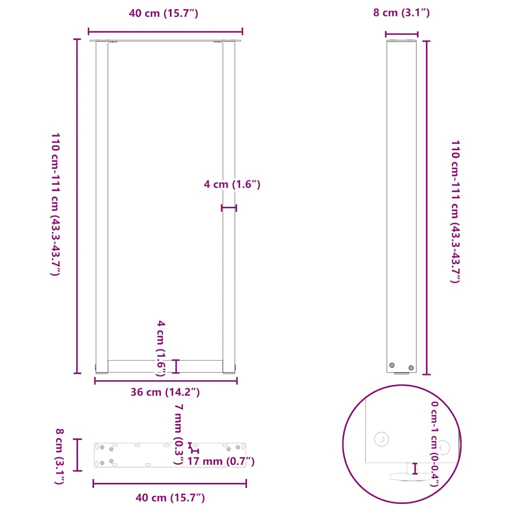 Noge za barski stol U-oblika 2 kom Bijele 40 x (110-111) cm Čelik