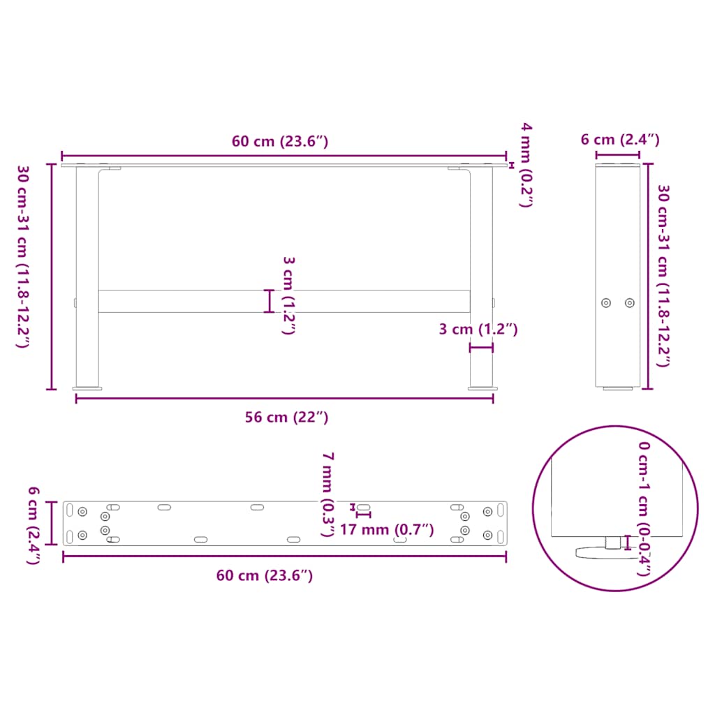 Noge za klub stolić bijele 2 kom 60 x (30-31) cm čelik