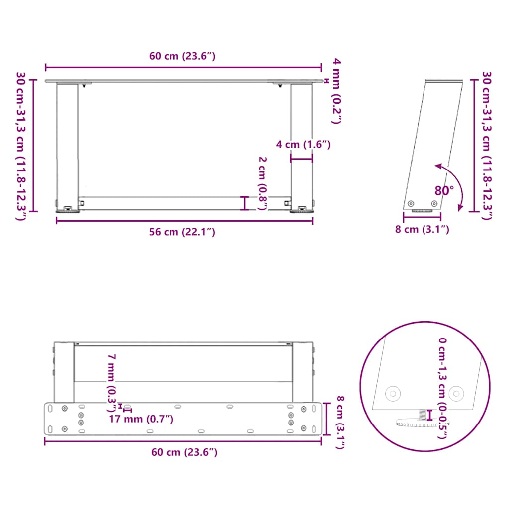 Noge za klub stolić U-oblik 2 kom Prirodni čelik 60 x (30-31) cm Čelik