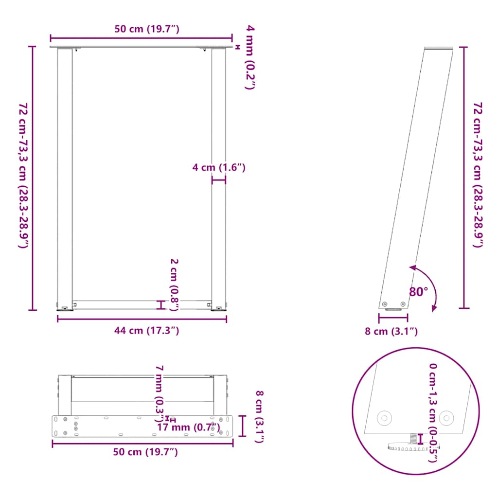 Noge za blagovaonski stol U-oblik 2 kom Bijele 50 x (72-73) cm Čelik