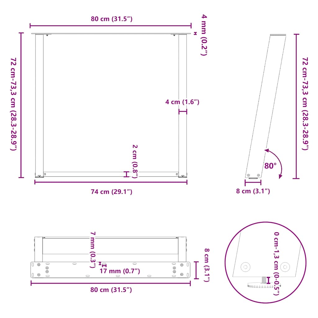 Noge za blagovaonski stol U-oblik 2 kom Crne 80 x (72-73) cm Čelik