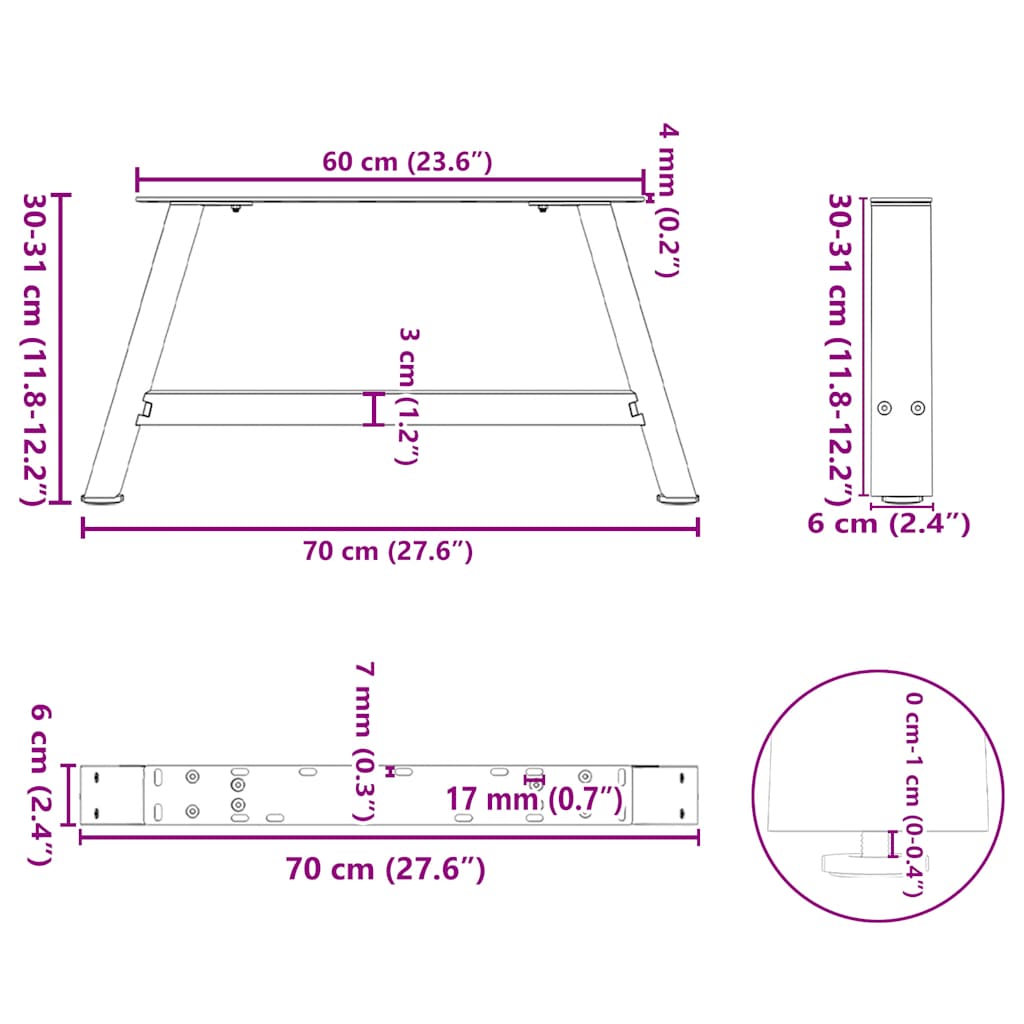 Noge za klub stolić A-oblika 2 kom 70 x (30-31) cm čelik