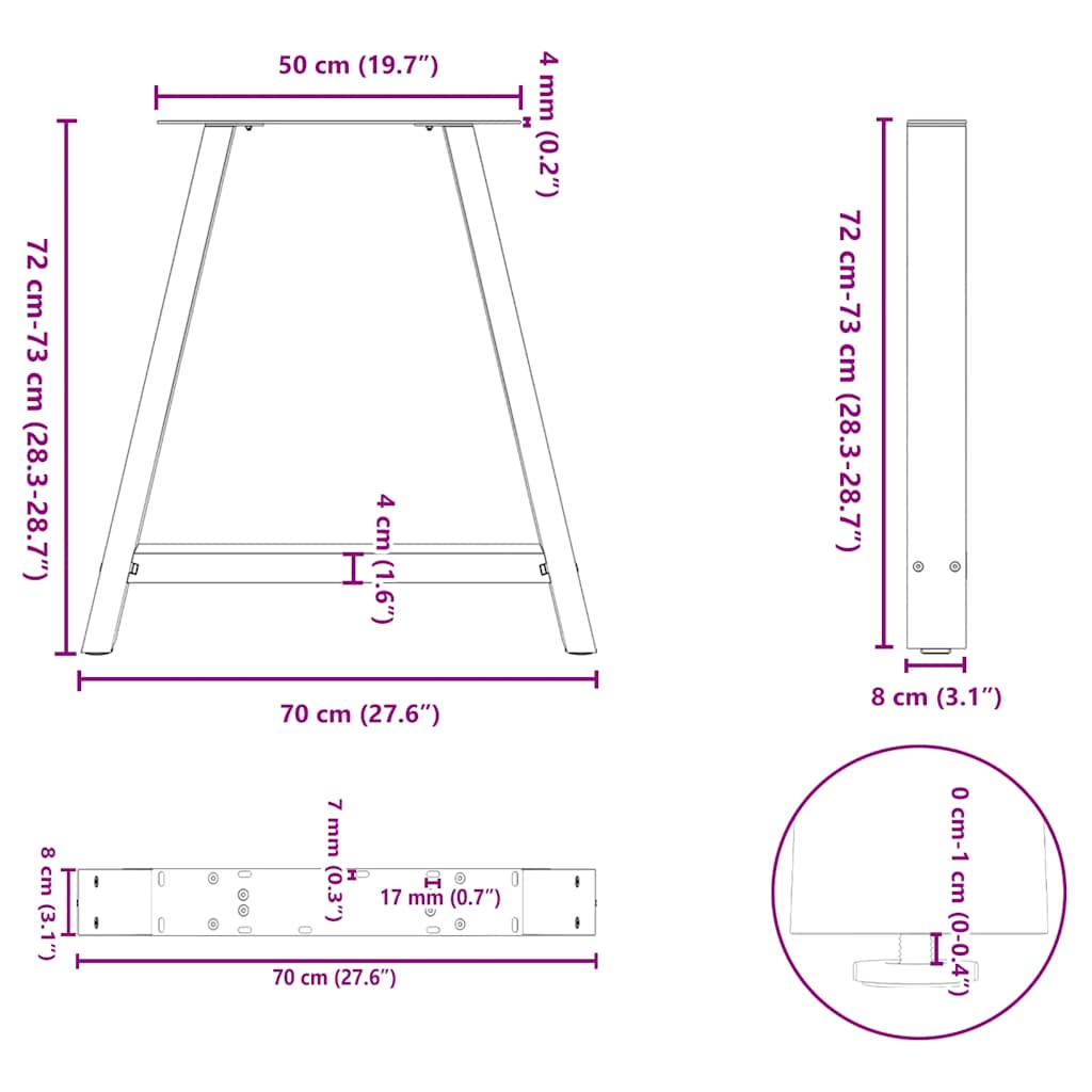 Noge za blagovaonski stol A-oblika 2 kom Bijele 70 x (72-73) cm Čelik