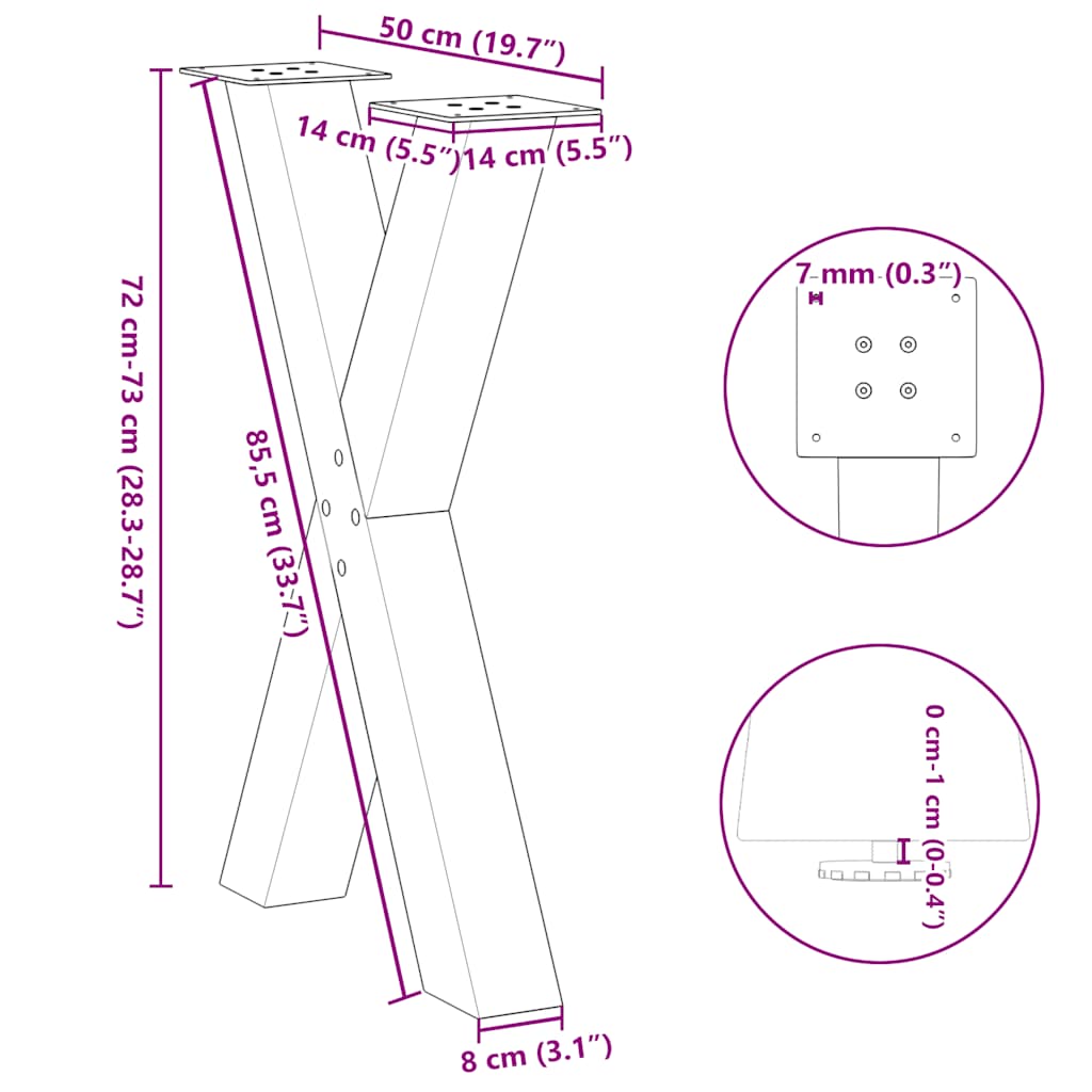 Noge za blagovaonski stol u obliku slova X, 2 kom, crne, 50 x (72-73) cm, čelik