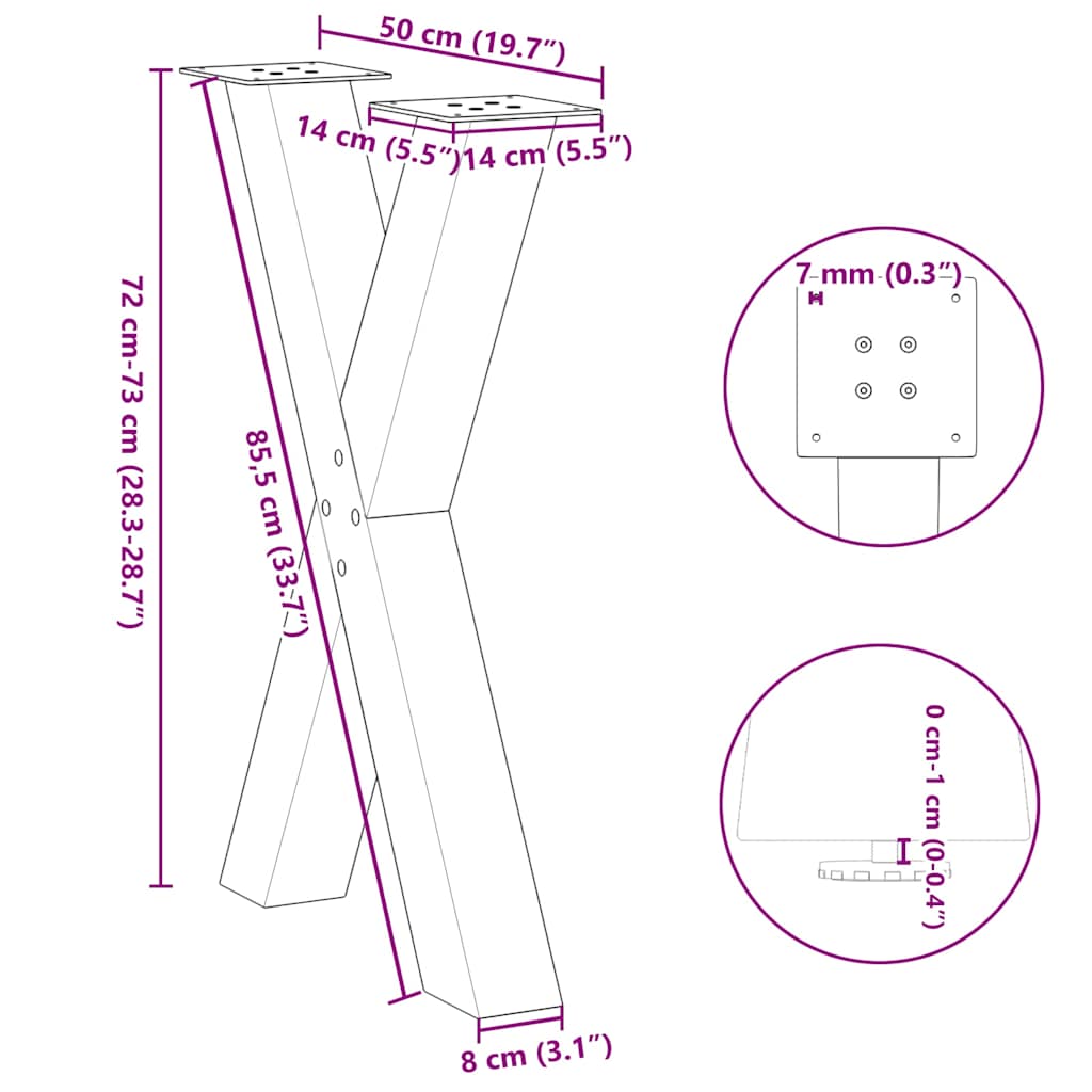 Noge za blagovaonski stol u obliku slova X, 2 kom, bijele, 50 x (72-73) cm, čelik