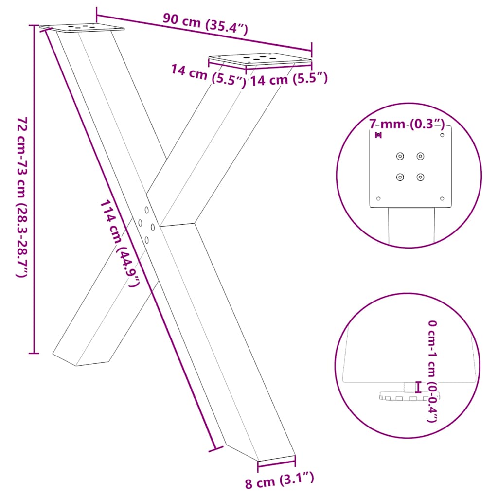 Noge za blagovaonski stol u obliku slova X, 3 kom, crne, 90 x (72-73) cm, čelik