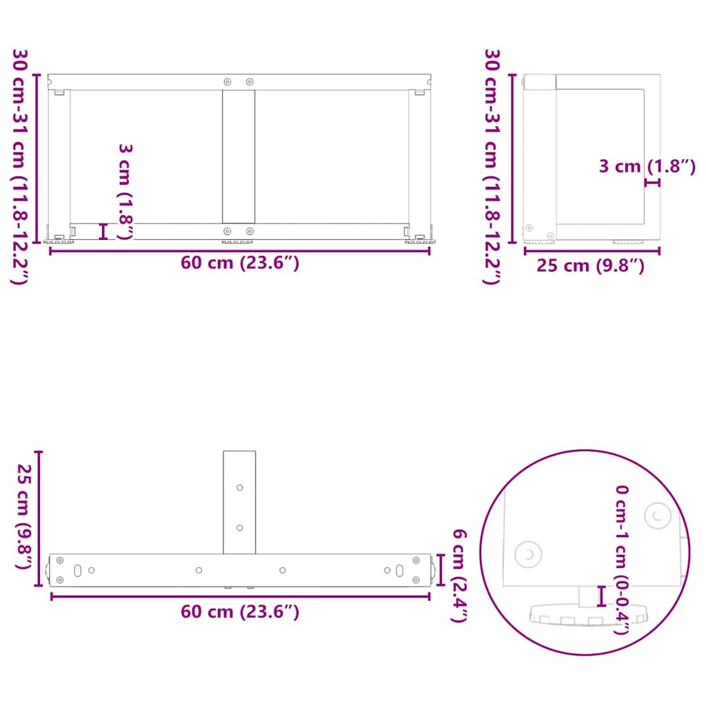 Noge za klub stolić T-oblika 2 kom Crne 60x25x(30-31) cm Čelik