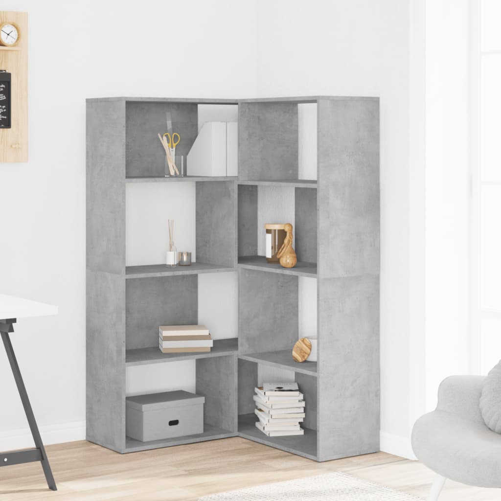 Kutni regal za knjige 4 razine boja betona 85x85x140 cm drveni