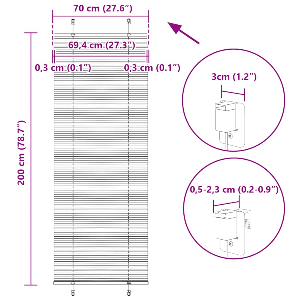 Plisirana roleta antracit 70x200 cm širina tkanine 69,4 cm