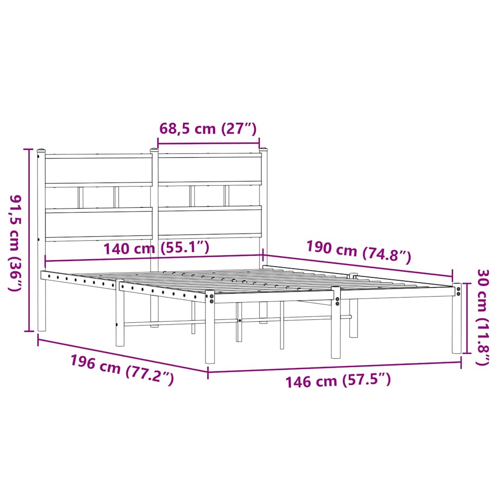 Metalni okvir kreveta bez madraca boja hrasta 140x190 cm