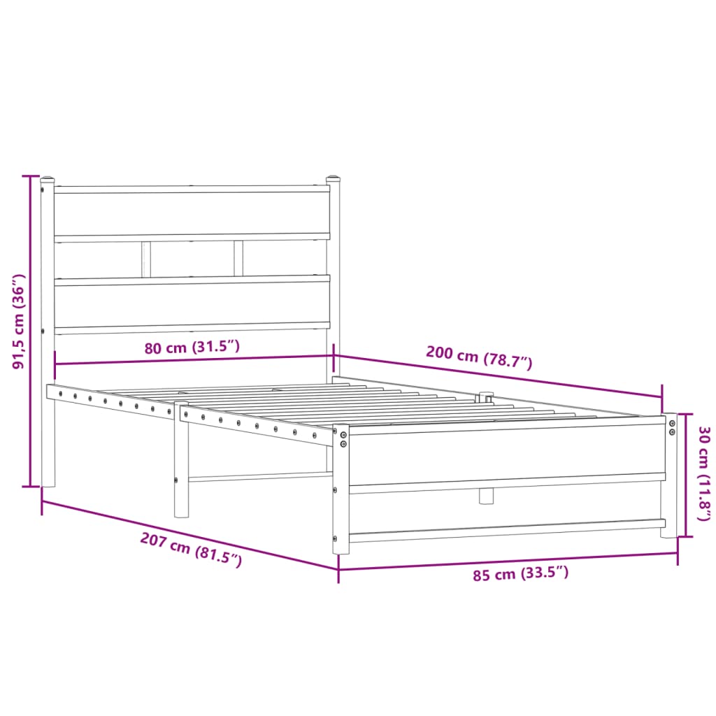 Metalni okvir kreveta bez madraca boja hrasta 80x200 cm