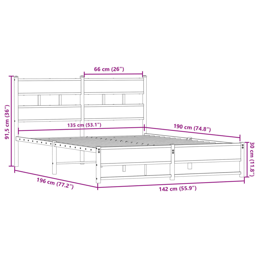 Metalni okvir kreveta bez madraca boja hrasta 135x190 cm