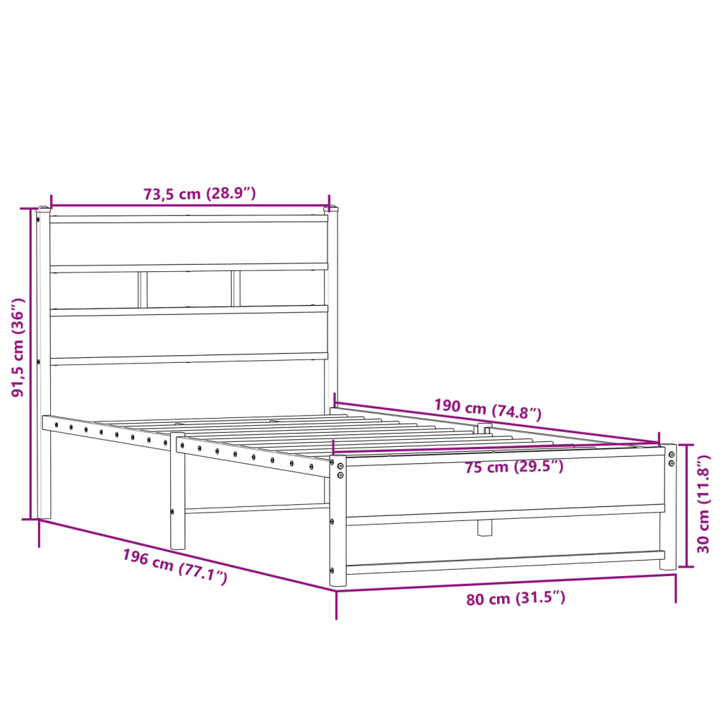 Metalni okvir kreveta bez madraca boja hrasta sonome 75x190 cm