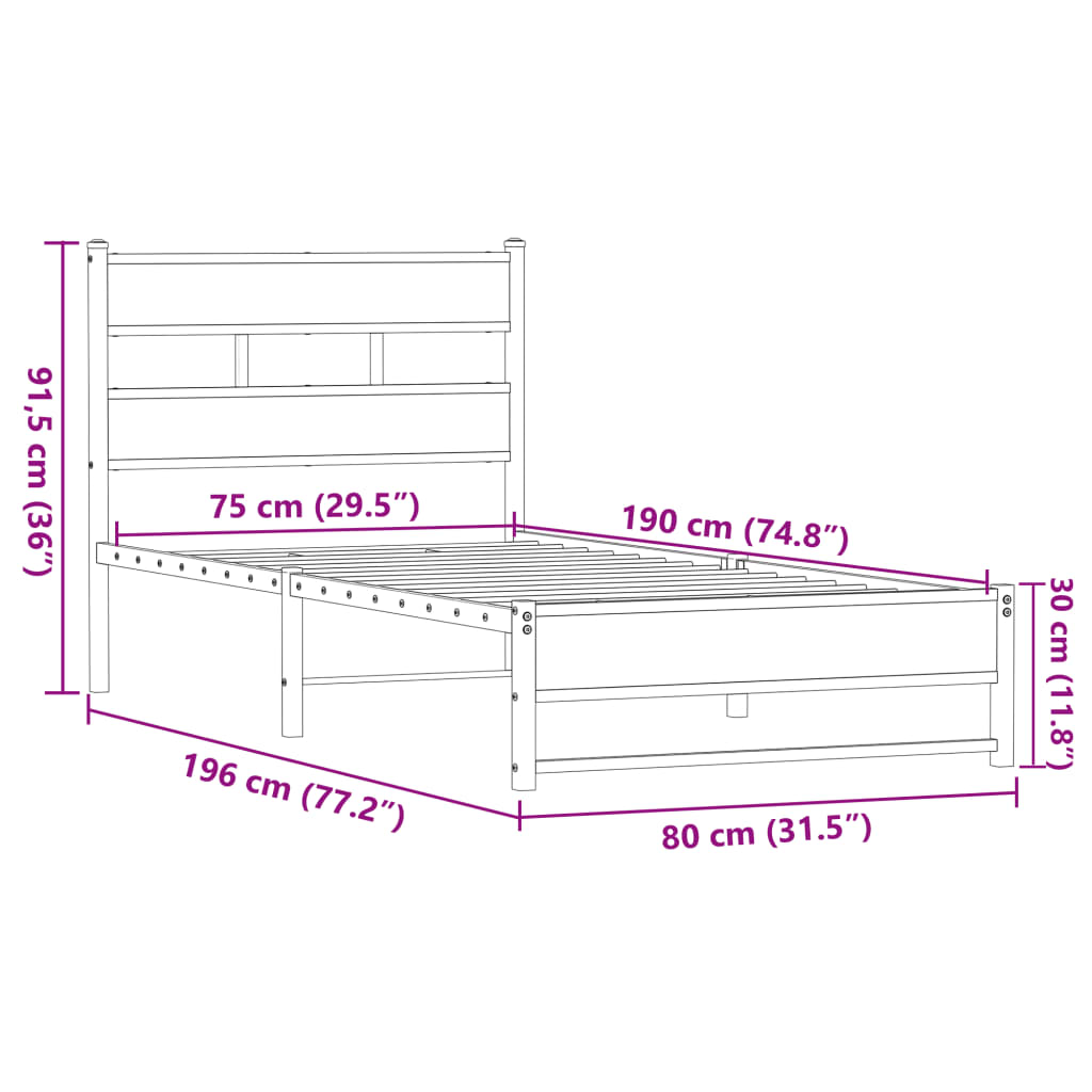 Metalni okvir kreveta bez madraca smeđi hrast 75x190 cm