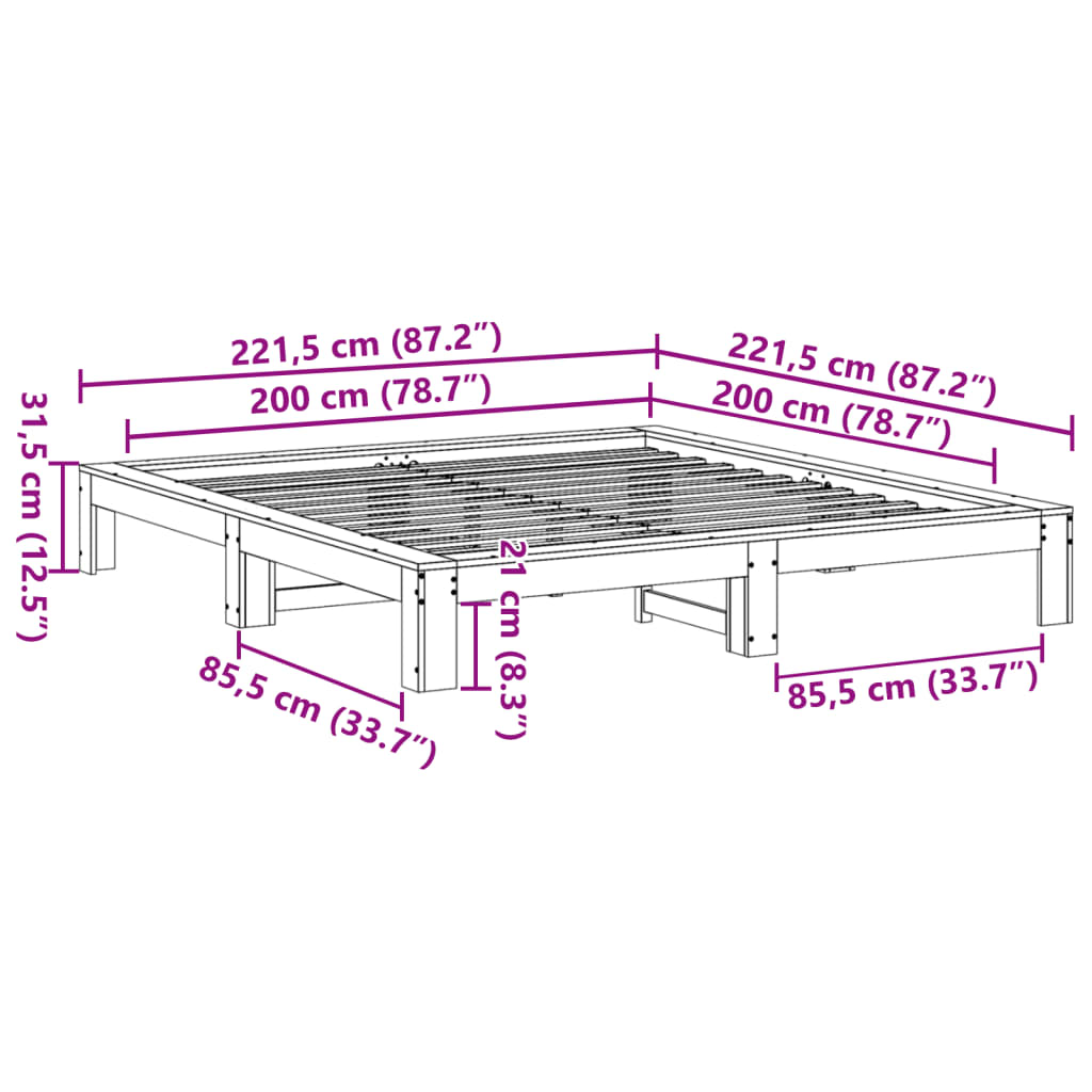 Okvir kreveta bez madraca 200 x 200 cm od masivne borovine