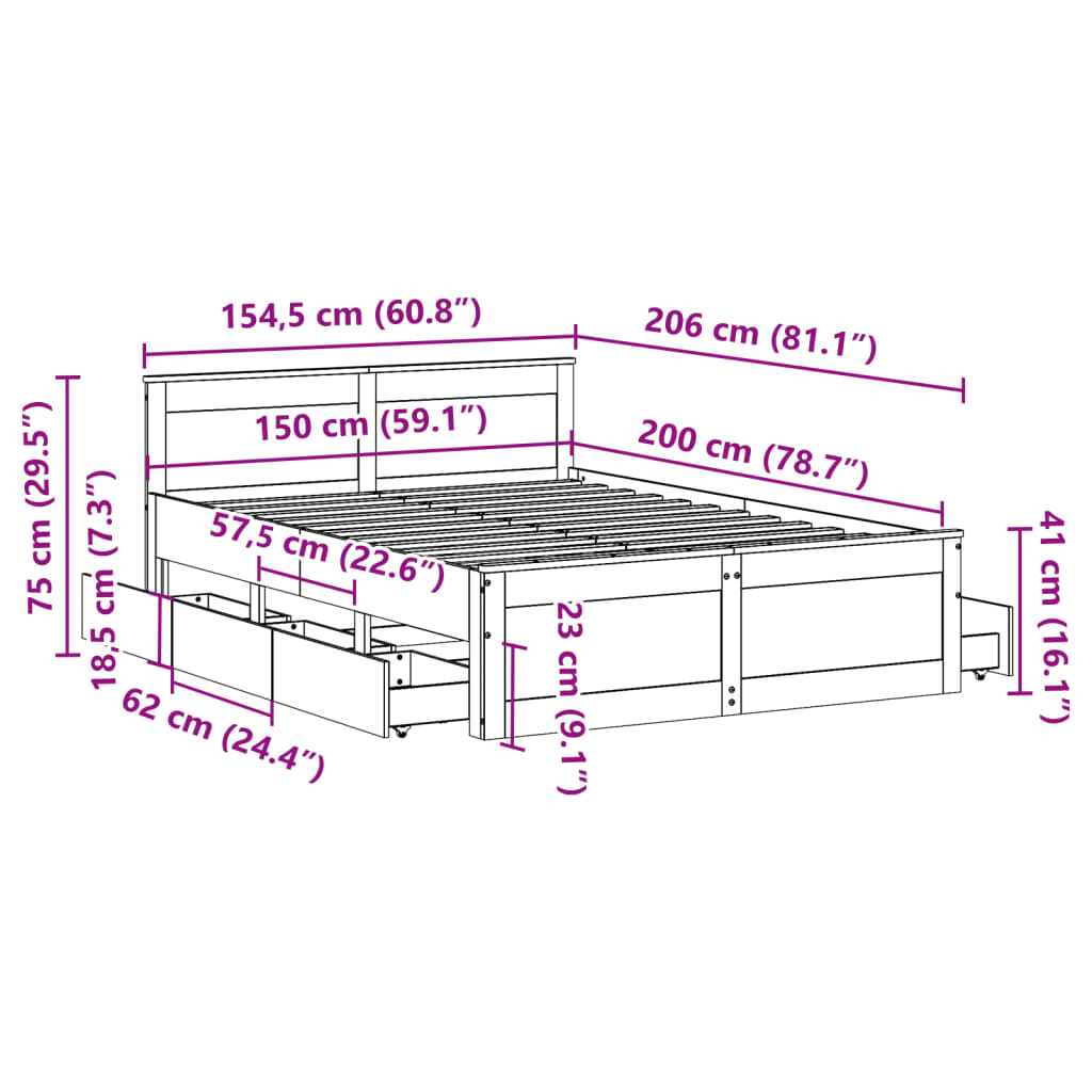 Okvir kreveta bez madraca s uzglavljem 150 x 200 cm od borovine