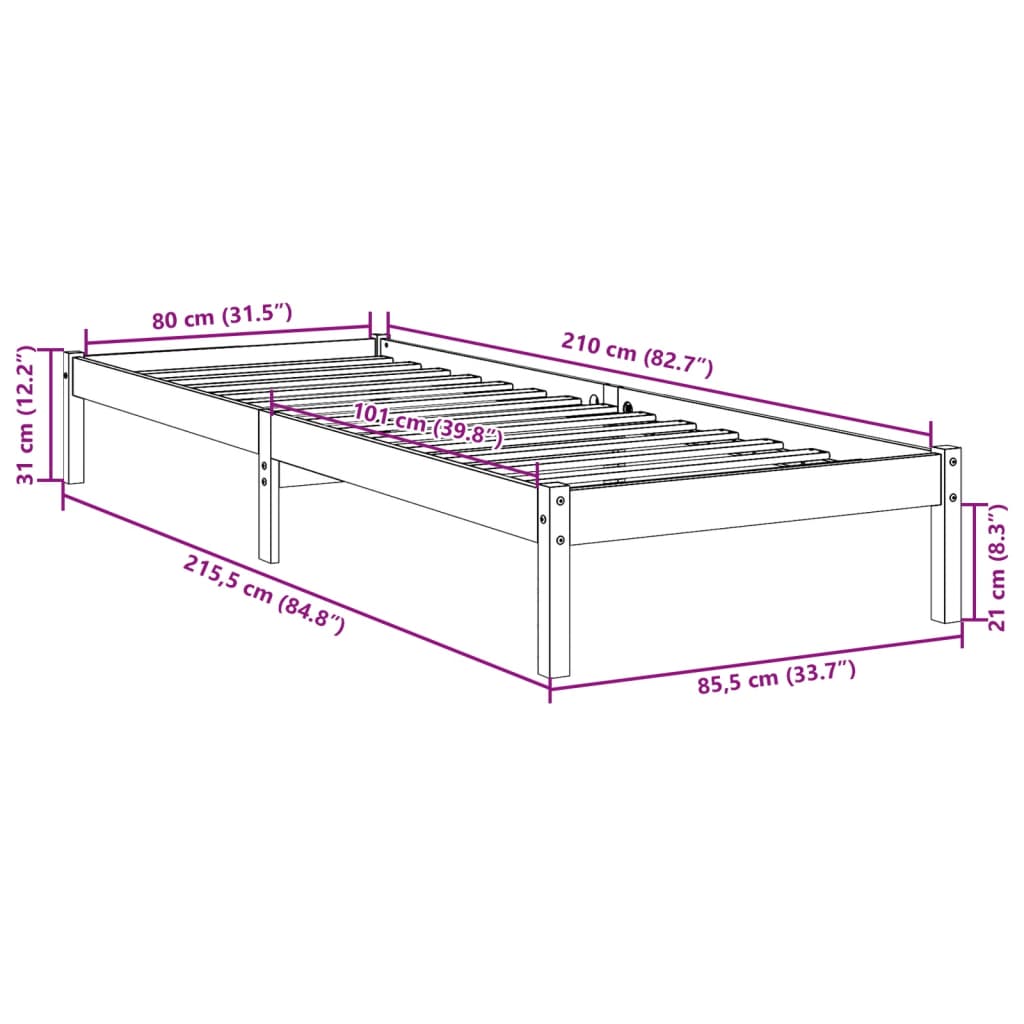 Dugi okvir kreveta bez madraca 80 x 210 cm od borovine