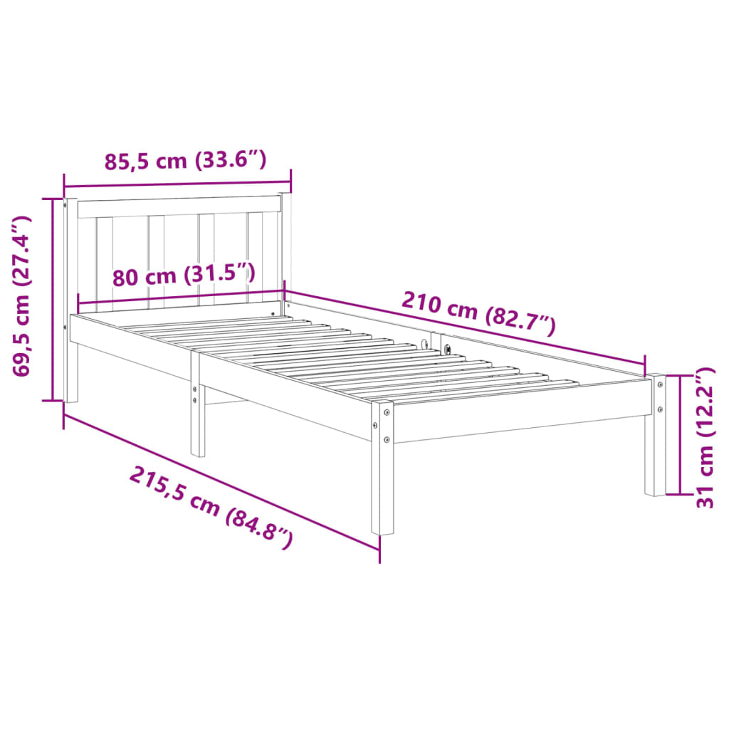 Okvir kreveta bez madraca bijeli 80 x 210 cm masivna borovina