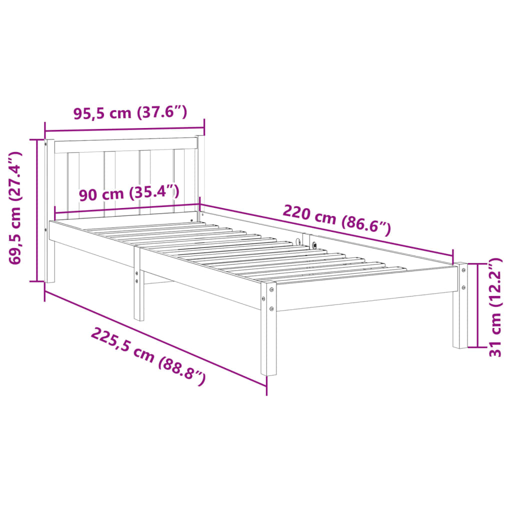 Okvir kreveta bez madraca bijeli 90 x 220 cm masivna borovina