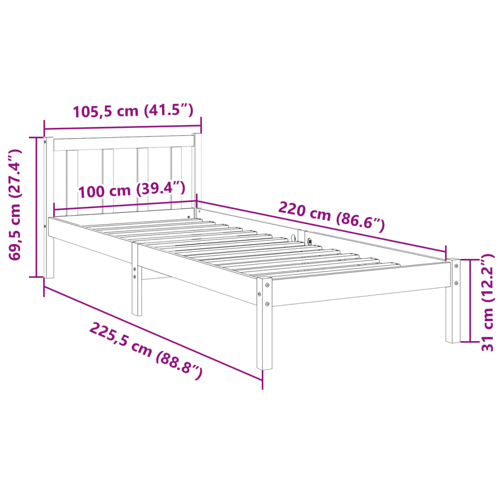 Dugi okvir kreveta bez madraca bijeli 100 x 220 cm od borovine