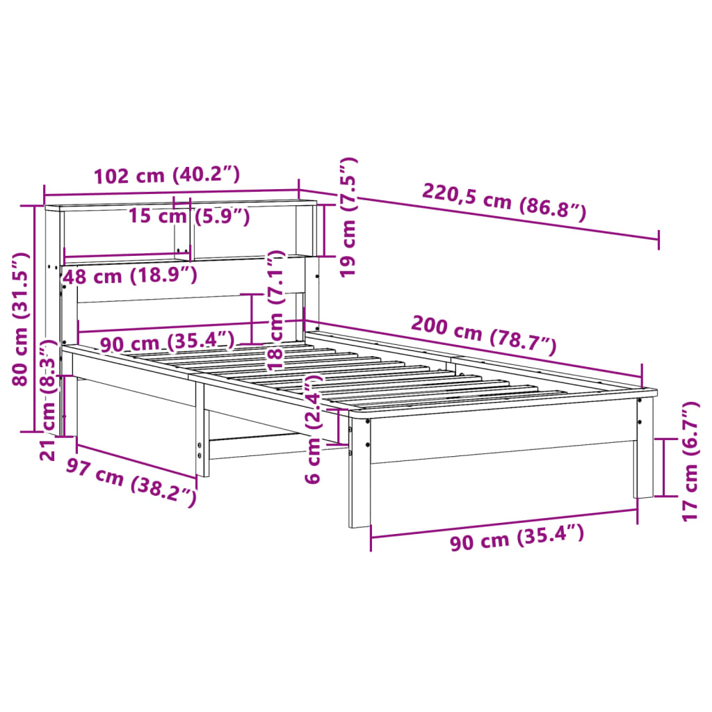 Krevet s regalom za knjige bez madraca 90x200 cm od borovine