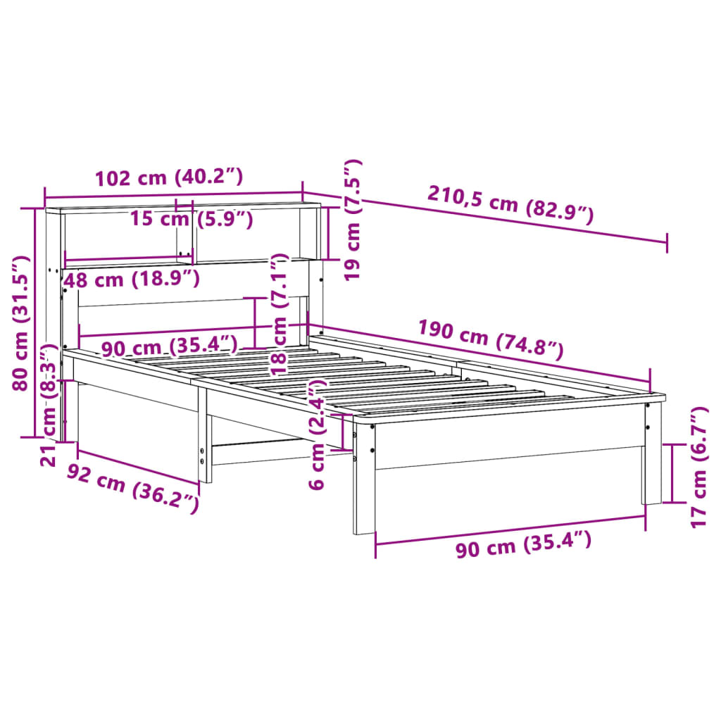 Krevet s regalom za knjige bez madraca 90x190 cm od borovine