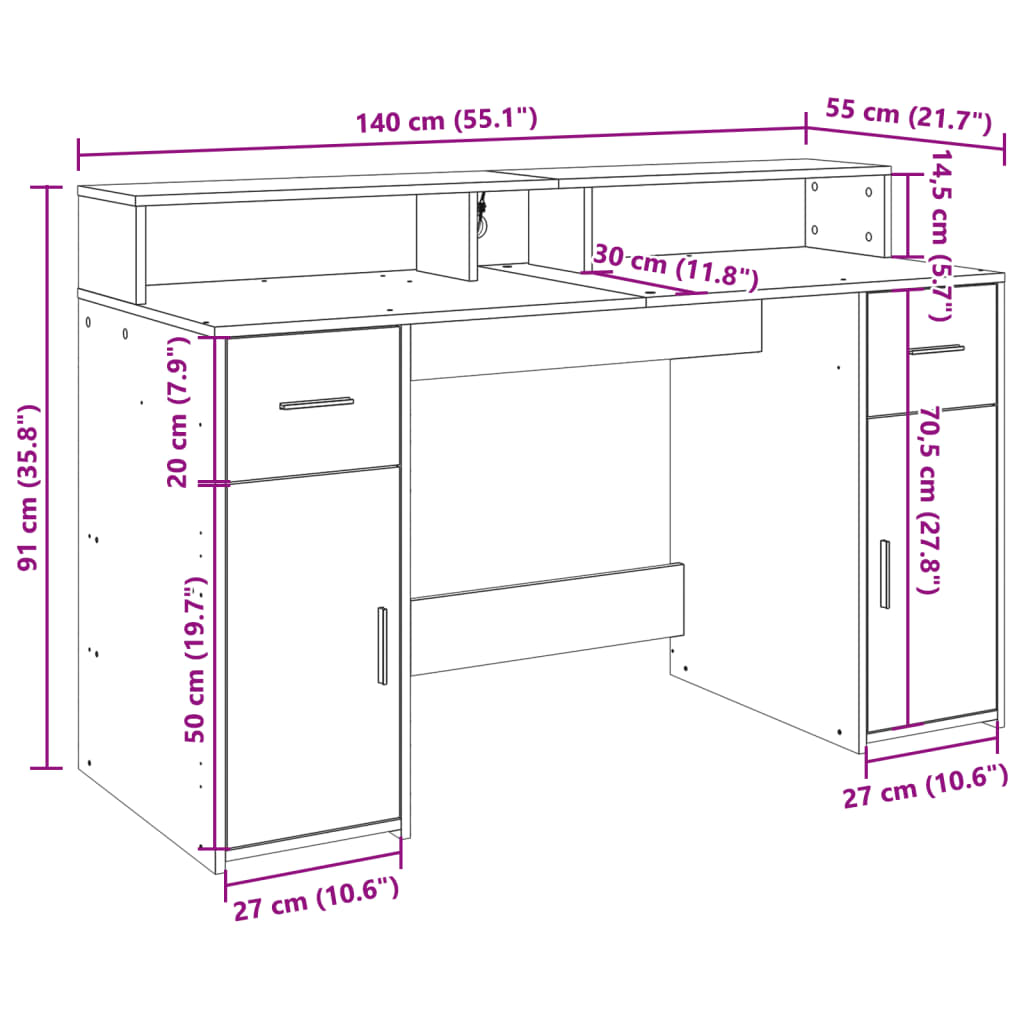Radni stol s LED svjetlima bijeli 140 x 55 x 91 cm drveni