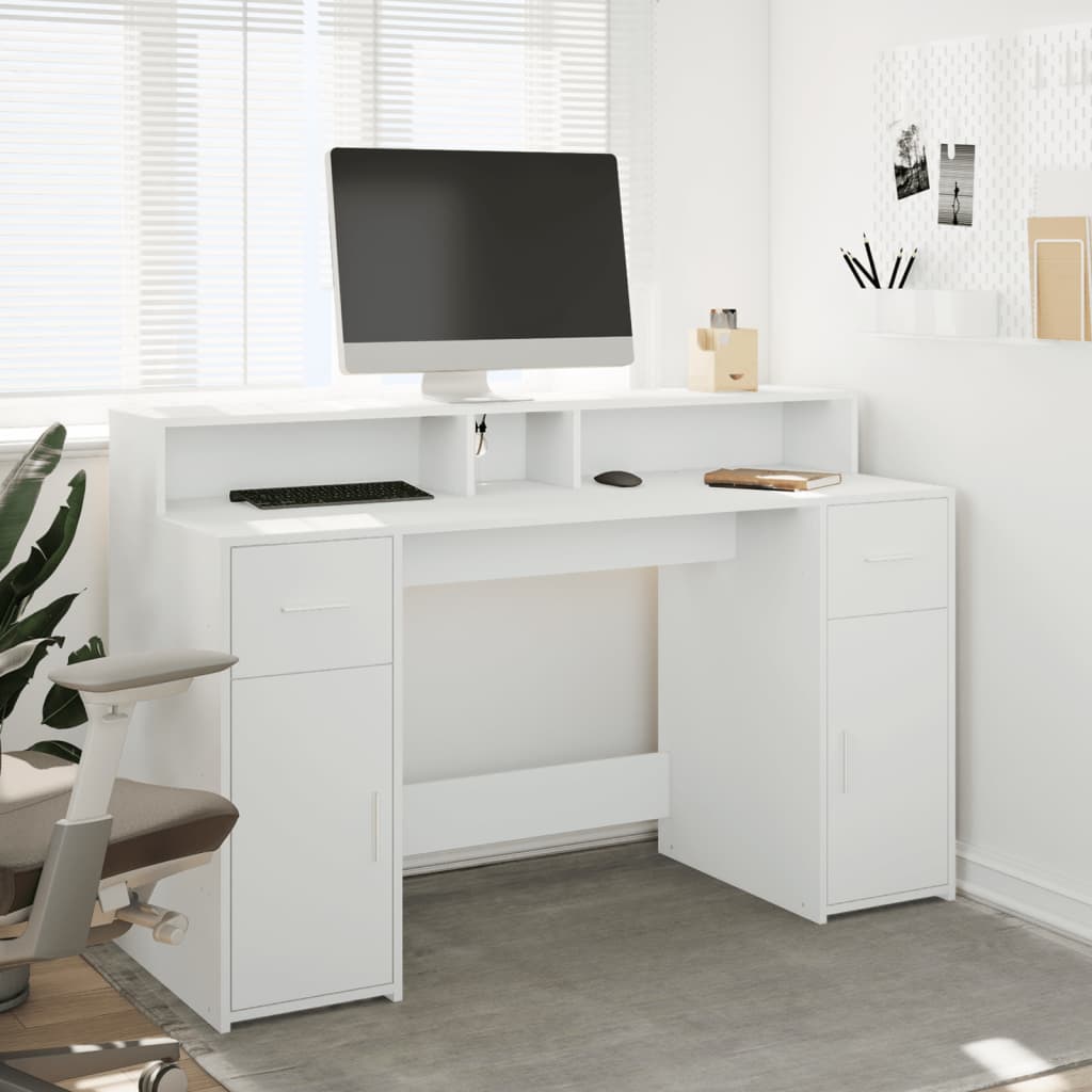 Radni stol s LED svjetlima bijeli 140 x 55 x 91 cm drveni