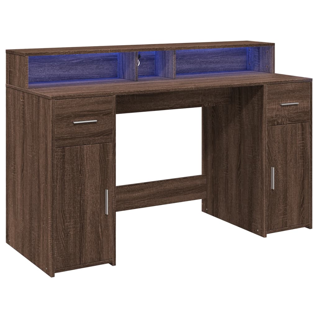 Radni stol s LED svjetlima smeđa boja hrasta 140x55x91cm drveni