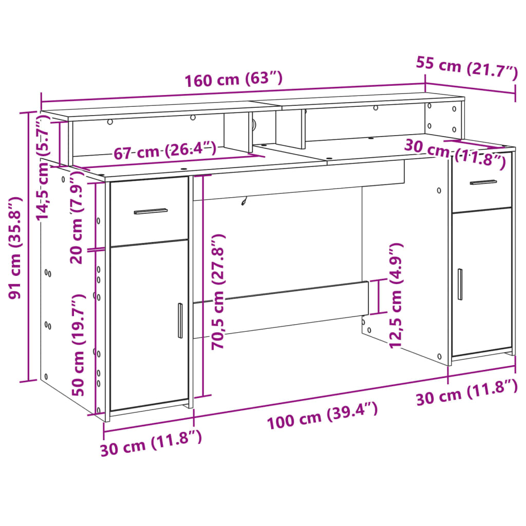 Radni stol LED bijeli 160x55x91 cm od konstruiranog drva