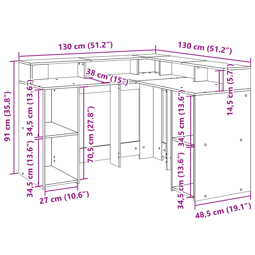 Radni stol s LED svjetlima bijeli 130 x 130 x 91 cm drveni