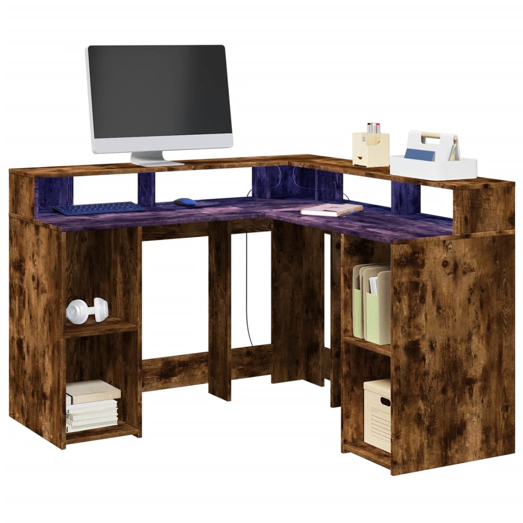 Radni stol s LED svjetlima boja hrasta 130x130x91 cm drveni